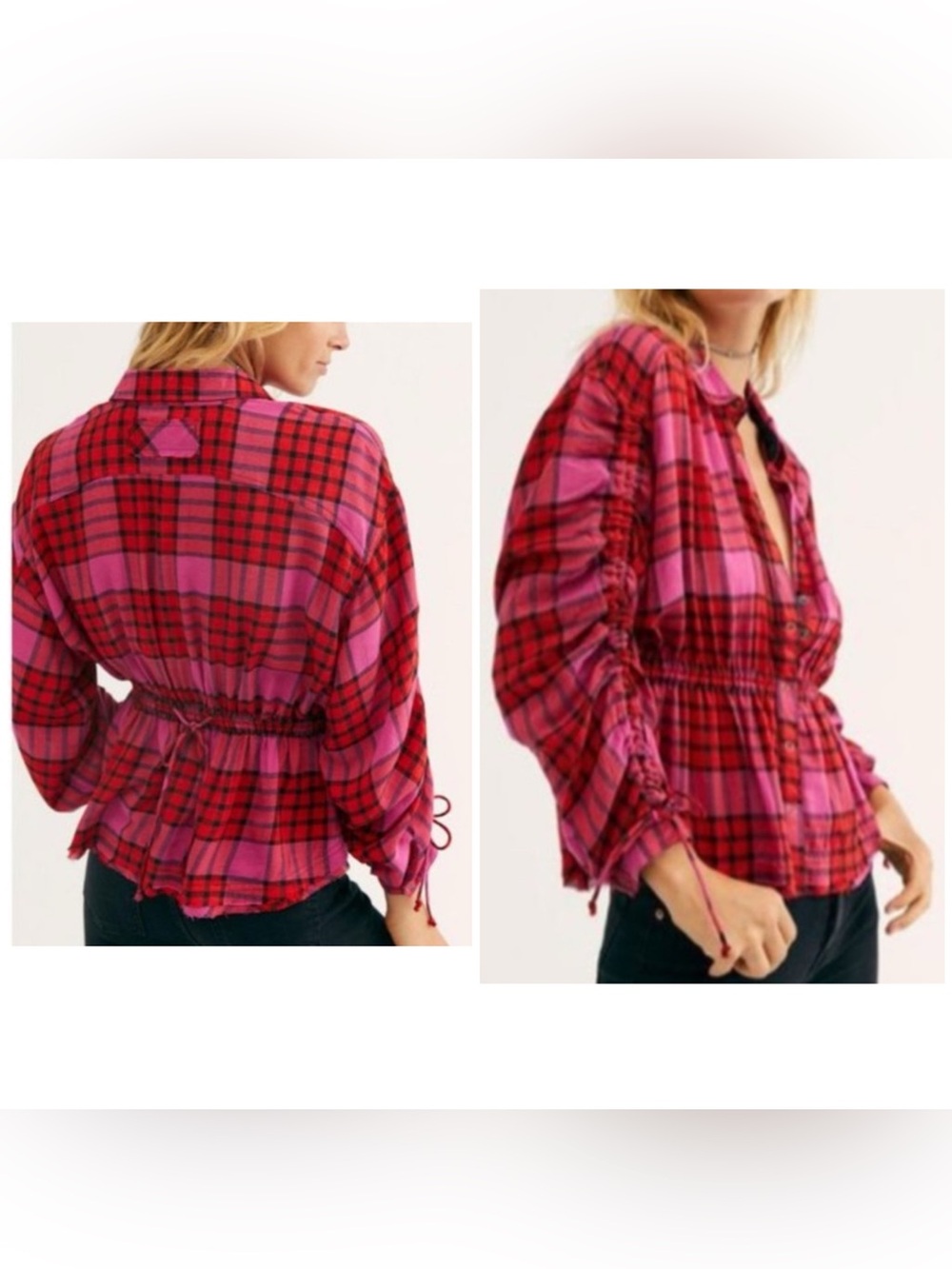 FREE PEOPLE WOOL Pacific Dawn Plaid Distressed Dolman Button Down